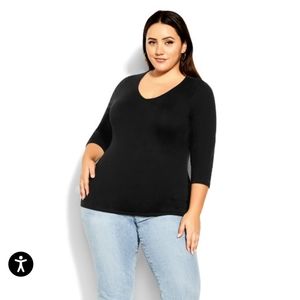 3/4 Sleeve V-Neck Black Top-Plus